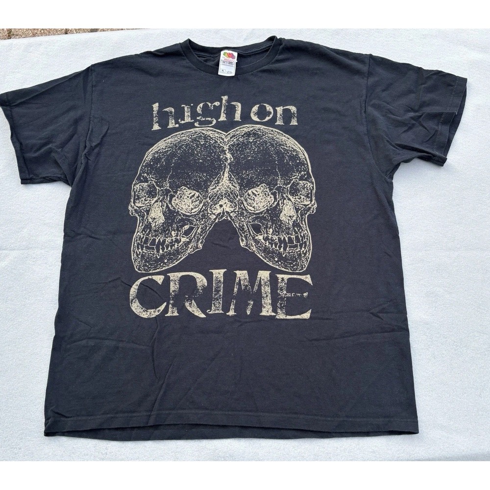 Fruit of the Loom High on Crime Skull Graphic T-Shirt Mens XL Black Heavy Cotton